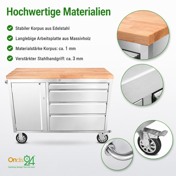 Mobiler Edelstahl-Werkstattwagen mit Massivholzplatte, vier Schubladen, Tür und Rollen. Materialstärke circa 1 bis 3 Millimeter. Ondis24 Logo.