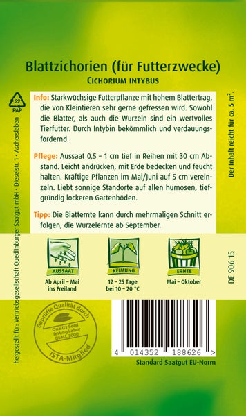 Rückseite Samentüte Blattzichorien für Futterzwecke: Aussaat April-Mai, Keimung 12-25 Tage, Ernte Mai-Oktober, reicht für circa 5 Quadratmeter.