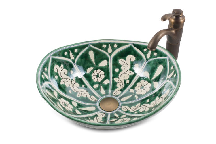 Keramik Waschbecken mit Blumenmuster und Armatur