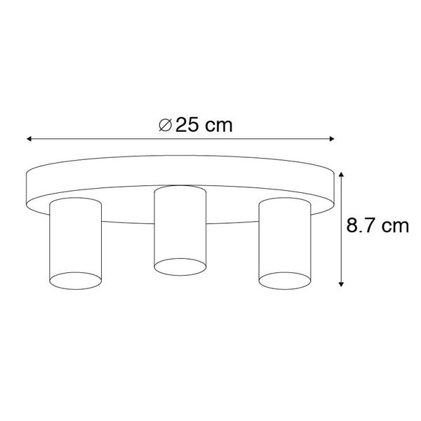 Technische Zeichnung einer Deckenleuchte mit drei Leuchten und den Maßen 25 cm Durchmesser und 8,7 cm Höhe.