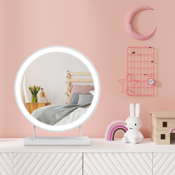 EMKE LED Schminkspiegel Ø 40 cm, Tisch-Kosmetikspiegel mit Touch, Dimmbar, 3 Lichtfarben, Memory-Funktion, Weiß