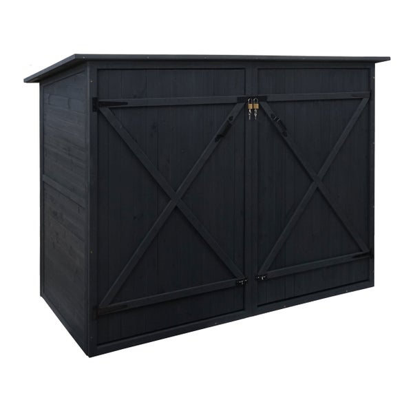 Dunkelgraue Gartenbox aus Holz mit Pultdach, zwei Türen mit X-Verstrebung und Vorhängeschlössern.