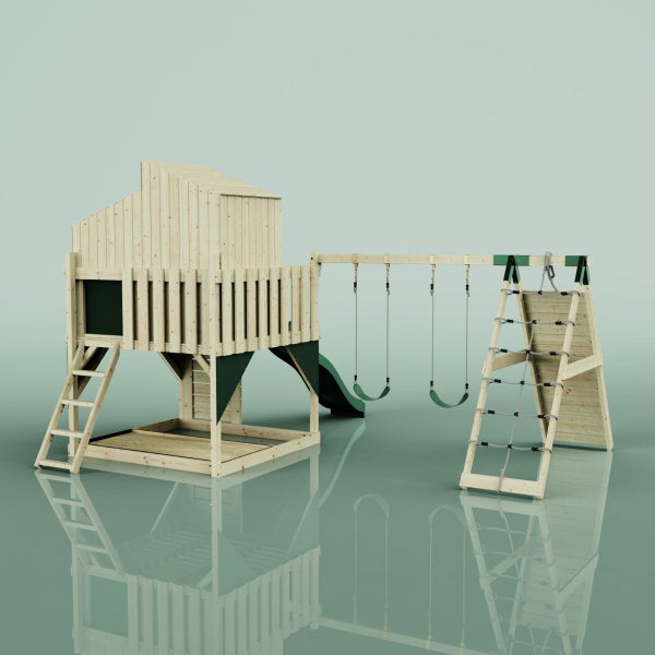 Spielturm aus Holz mit Rutsche, Schaukeln und Kletterwand