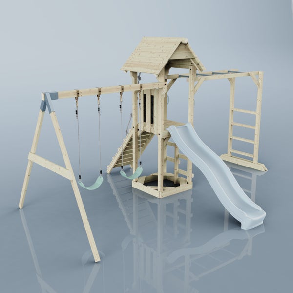 Spielplatz mit Schaukeln, Rutsche, Spielturm und Klettergerüst aus Holz