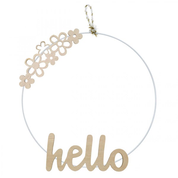 Dekorativer Kranz mit Blumenmuster und dem Wort 'Hallo'.