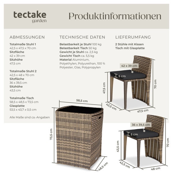 Rattanset tectake Hamburg zusammenschiebbar mit Aluminiumgestell natur