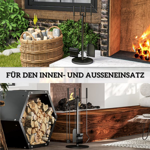 Outsunny Kaminbesteck Set, 5-teilig Kaminzubehör mit Schaufel, Besen, Zange, Schürhaken und Ständer, Kamingarnitur, Ø25 x 54H cm, Metall, Schwarz
