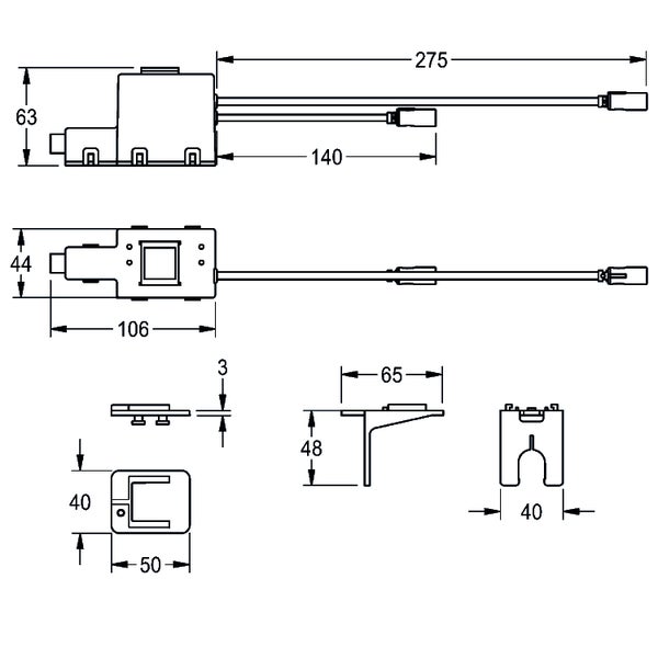 Technische Zeichnung mit Maßen für Gehäuse, Anschlusskabel und Montagehalterungen.