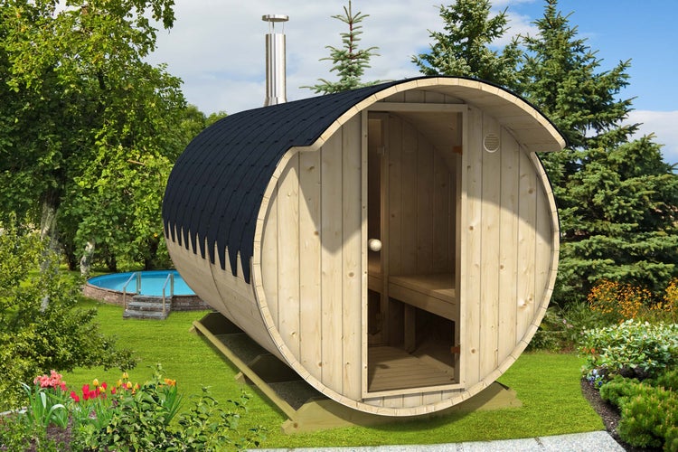 FinnTherm Fass-Sauna Finn Fasssauna 2 Sitzbänke aus Holz Sauna mit 40 mm Wandstärke, Außensauna mit Montagematerial