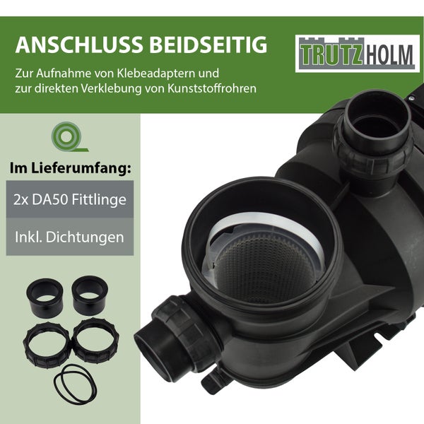 Trutzholm Filtergehäuse mit beidseitigem Anschluss zur Verklebung von Kunststoffrohren, inklusive zwei DA50 Fittings und Dichtungen.