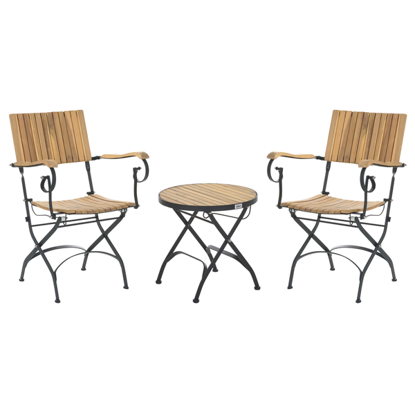 Garten-Bistro-Set bestehend aus zwei Armlehnenstühlen und einem runden Tisch aus Holz und Metall.