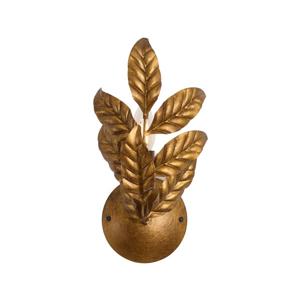 Goldfarbene Wandleuchte aus Metall in Blatt-Optik mit runder Basis.