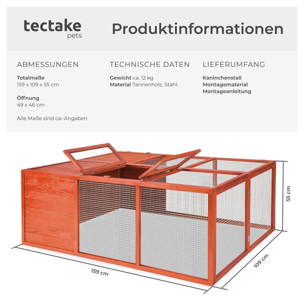 Tectake pets Logo. Kaninchenstall aus Tannenholz und Stahl. Maße 159 mal 109 mal 55 Zentimeter. Gewicht circa 12 Kilogramm.