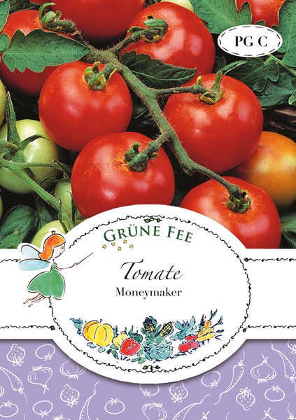Grüne Fee Tomate Moneymaker Samentüte mit Abbildung von roten Tomaten an der Rispe.