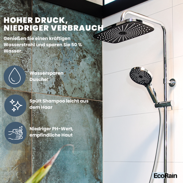 EcoRain 50% Wassersparender Duschkopf Charly 13 CM mit Wasserfilter - 3 Strahlarten - Hoher Wasserdruck - Universeller Anschluss - Anti-Kalk Duschkopf - Schwarz