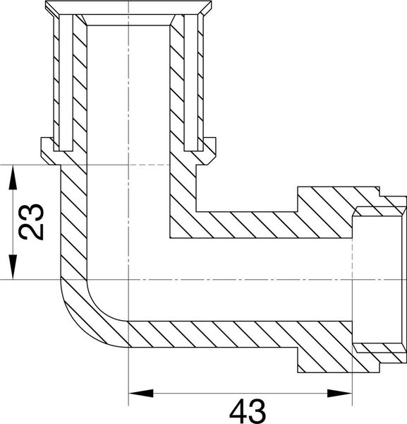 Technische Zeichnung eines 90 Grad Rohr-Winkels mit Maßangaben 23 und 43.