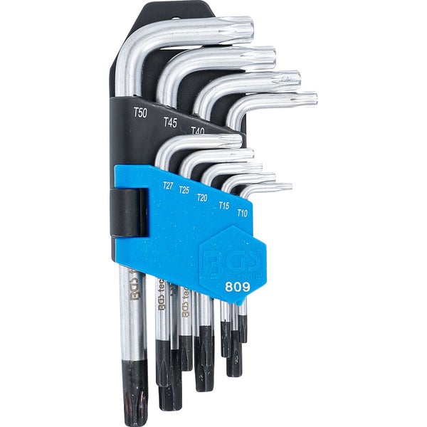 BGS Technic Winkelschlüsselsatz für Torx-Profile, 9-teilig, Größen T10 bis T50, aus Chrom-Vanadium-Stahl S2, L-Profil.