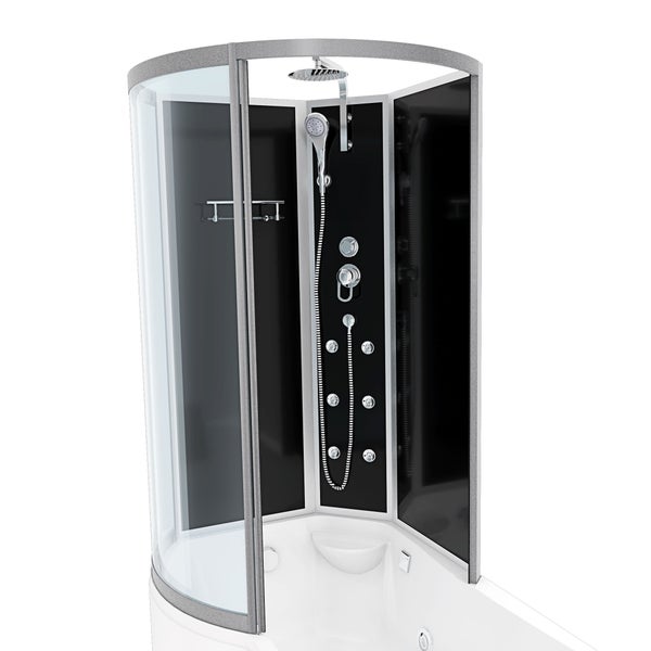 Moderne Duschkabine mit gebogenen Glastüren, schwarzen Rückwänden, Regendusche, Handbrause und sechs Massagedüsen.