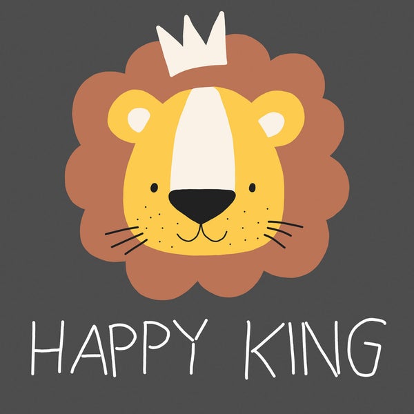 Illustration eines Löwen mit Krone und dem Schriftzug Happy King