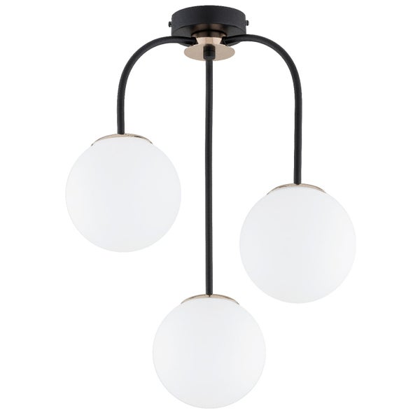 Deckenleuchte mit drei kugelförmigen Glasschirmen und Metallgestänge für eine moderne Innenbeleuchtung.
