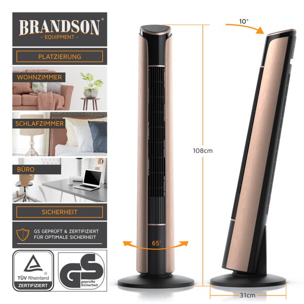 Brandson Turmventilator 108 cm, Ventilator 10 Grad neigbar, Standventilator, 65° oszillierend, 3 Geschwindigkeitsstufen, 4 Lüftungs-Modi