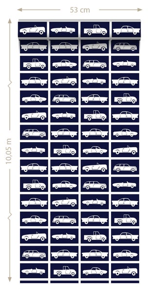 Tapete mit Automotiven, 53 cm breit und 10,05 m lang