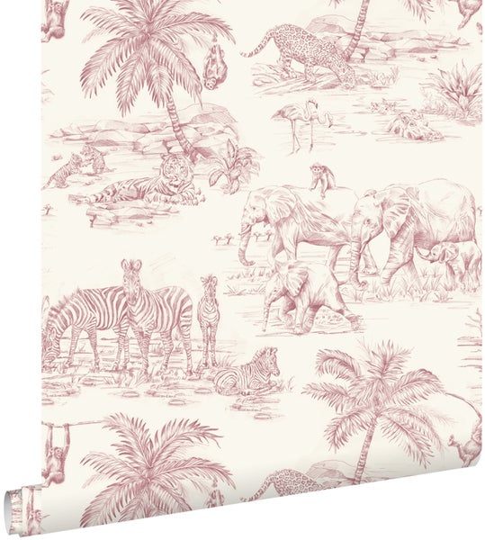 Vliestapete mit Safari-Motiv, handgezeichnete Illustrationen von Elefanten, Zebras, Tigern und Palmen.
