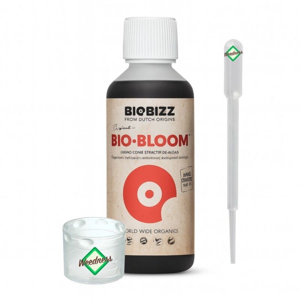 Biobizz Bio-Bloom flüssiger organischer Dünger in einer Flasche mit Messbecher und Pipette, Weedness Logo.