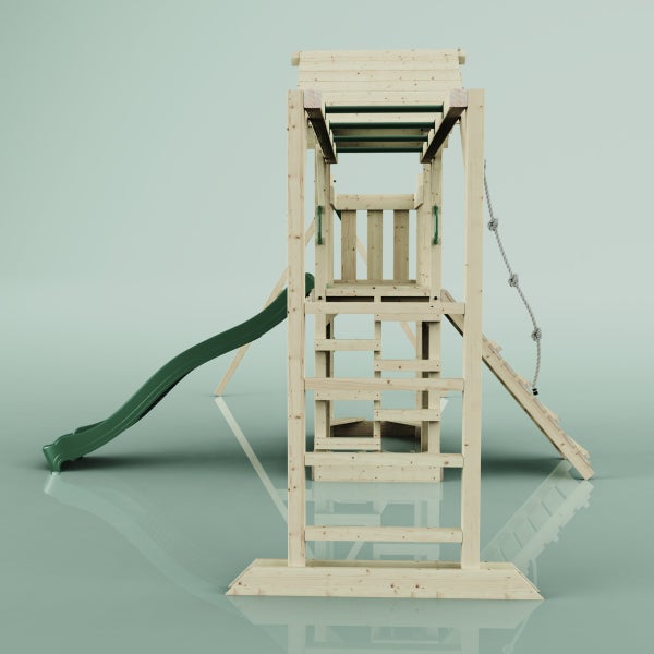 Spielturm aus Holz mit Rutsche, Kletterwand und Strickleiter