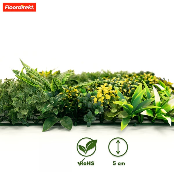 Künstliche Pflanzenwand mit Farnen und Blattwerk von Floordirekt. RoHS-konform mit einer Höhe von 5 Zentimetern. Floordirekt Logo.