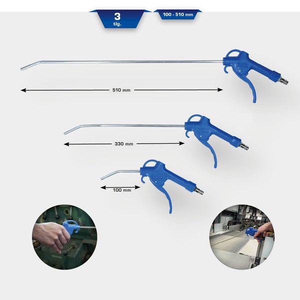 Drei blaue Ausblaspistolen mit unterschiedlichen Düsenlängen