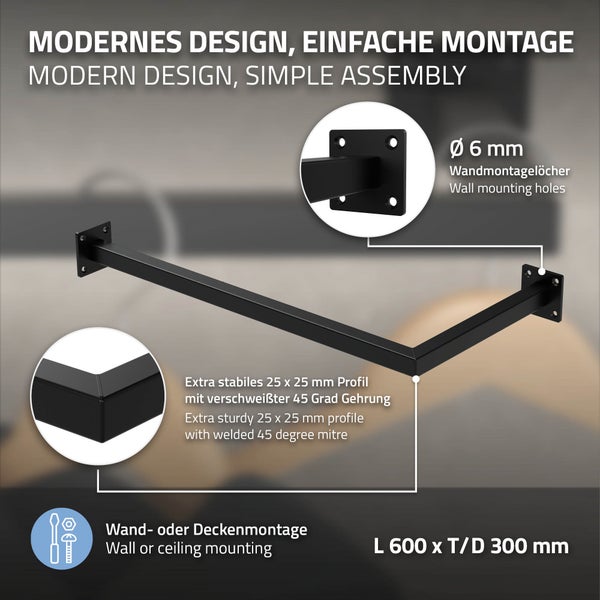 ML-Design Kleiderstange Übereck für die Wand, T30cm x B60cm, Schwarz, aus Stahl, rostfrei, Garderobenstange L-Form, Kleiderständer Wandmontage, Kleidergestell Garderobenhalter, inkl. Montagematerial