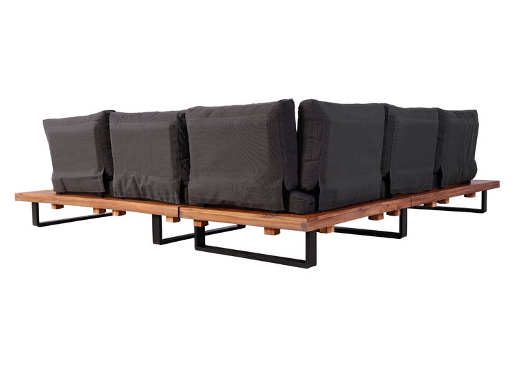 Rückansicht eines L-förmigen Garten-Lounge-Sets mit Holzgestell, schwarzen Metallfüßen und dunkelgrauen Rückenpolstern.