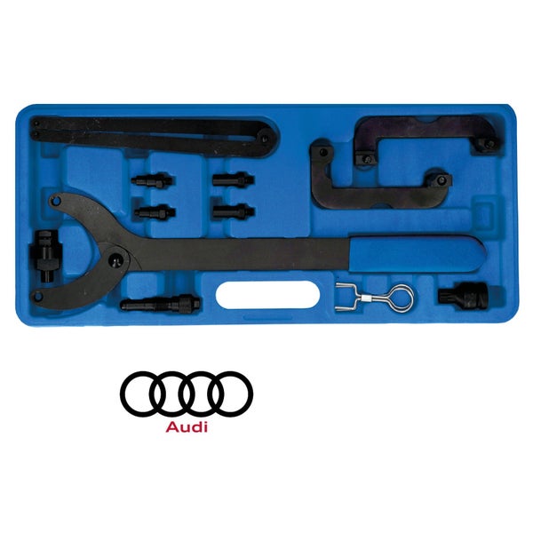 Audi Werkzeugsatz zur Motorreparatur in blauer Aufbewahrungsbox