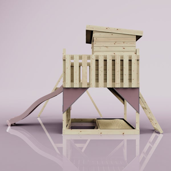 Moderner Spielturm aus Holz mit Spielhaus, Rutsche, Leiter und Sandkasten.