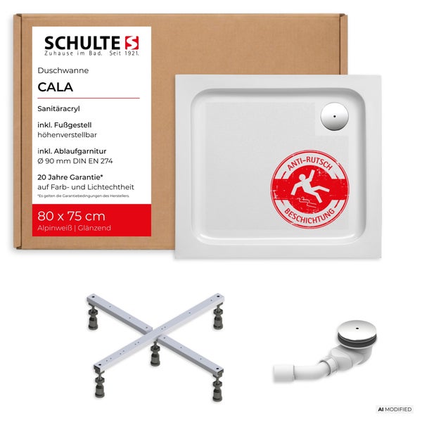 Schulte Duschwanne Cala aus Sanitäracryl mit Antirutschbeschichtung, höhenverstellbarem Fußgestell und Ablaufgarnitur, 80 mal 75 Zentimeter.