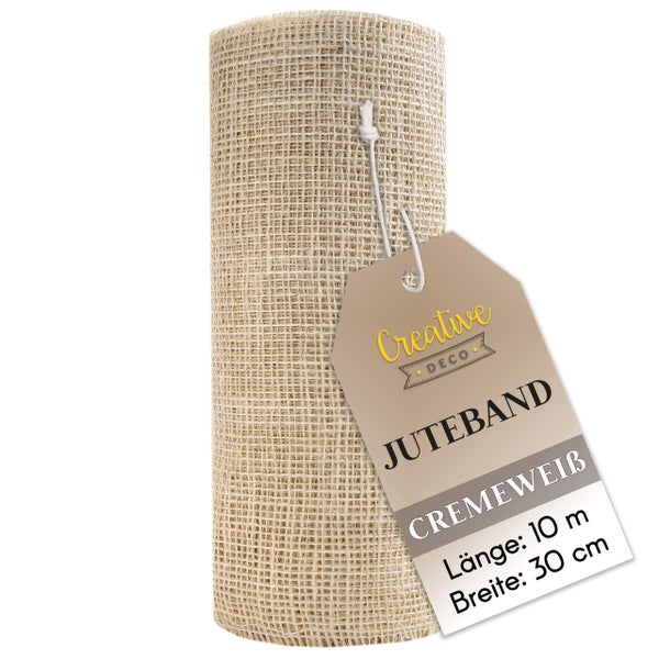 Juteband Creative Deco, cremeweiß, Länge 10 Meter, Breite 30 Zentimeter.