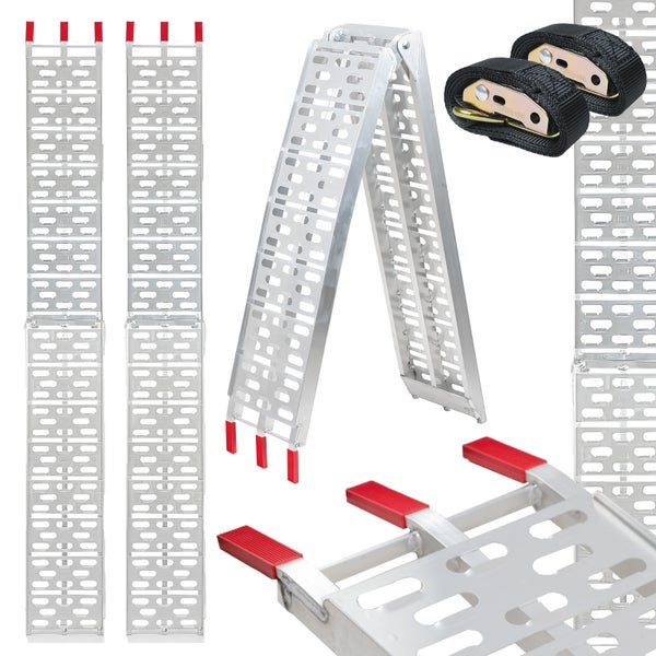 Klappbare Auffahrrampen aus Aluminium, Set bestehend aus zwei Rampen mit Spanngurten und rutschfesten Enden.