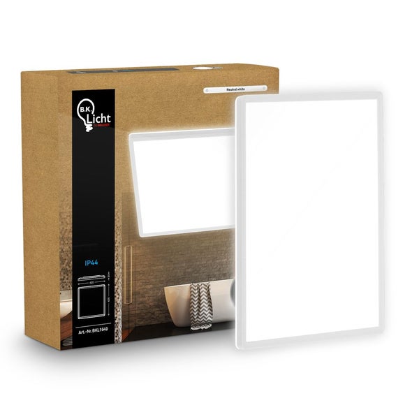 B.K. Licht LED-Panel für Badezimmer, spritzwassergeschützt nach Schutzart IP44, neutralweißes Licht, Verpackung mit B.K. Licht Logo.