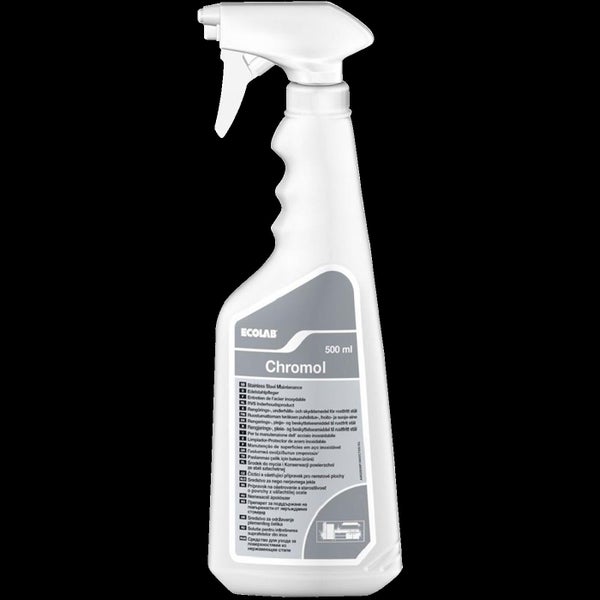 Ecolab Chromol Edelstahlpflegespray in einer Sprühflasche mit 500 Milliliter Inhalt zur Pflege von Edelstahlflächen.