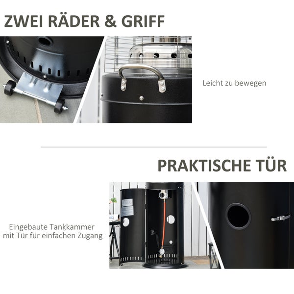Outsunny Heizstrahler, Terrassenheizer mit Handgriff, Automatischer Sicherheitsabschaltun, rollbar, Gas 10kW, Ø55,6 x 143 cm, Metall, rostfreier Stahl, Schwarz