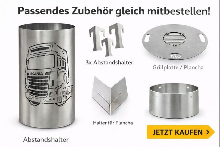 Verschiedenes Grillzubehör: Abstandshalter mit Lastwagenmotiv, drei Abstandshalter, Grillplatte, Halter für Grillplatte und Abstandshalter