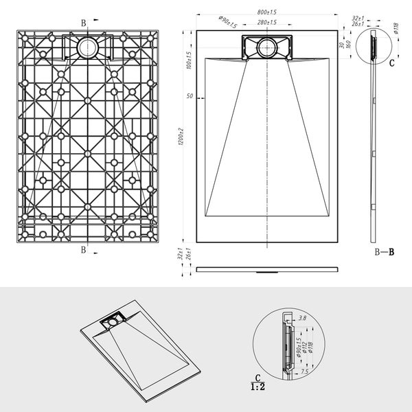 Technische Zeichnung einer rechteckigen Duschwanne mit Massangaben, Drauf- und Unteransicht, Seitenansicht und Querschnittsdetails.