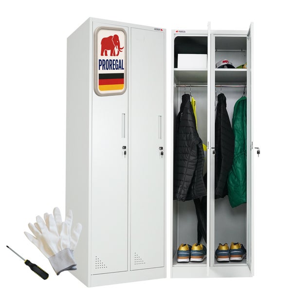 Metallschrank Proregal mit zwei Abteilen, Kleiderstange, Fachboden, Handschuhen und Schraubendreher. Proregal Logo. Qualitätssiegel Deutschland.
