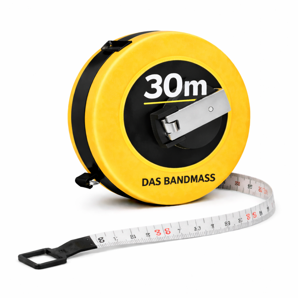Gelb-schwarzes Rollbandmaß 30 Meter mit weißem Messband, Handkurbel und robustem Kunststoffgehäuse.