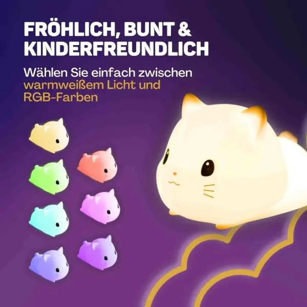 Kinder Nachtlicht in Form einer Katze, mit einstellbarem warmweißen Licht und RGB Farbwechsel.