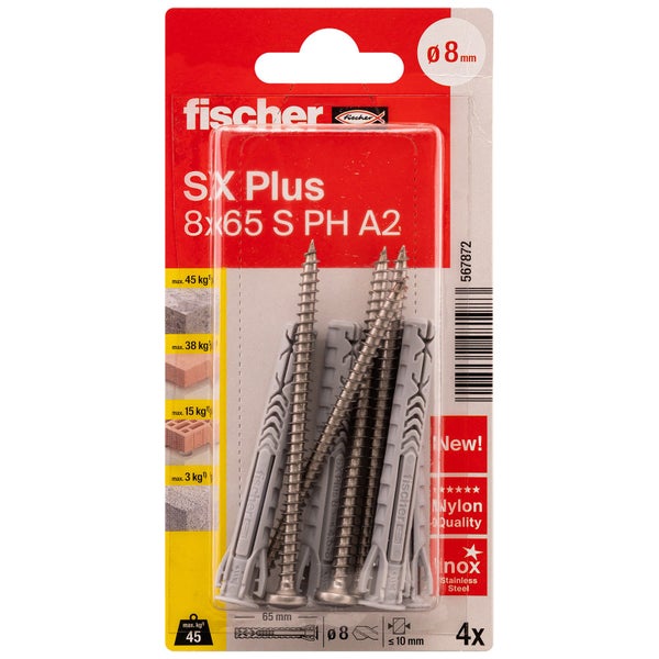 Fischer SX Plus Dübel 8 x 65 Millimeter mit Schrauben, Viererpackung