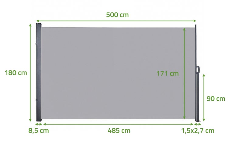 Seitenmarkise mit Maßen: Höhe 180 Zentimeter, Breite 500 Zentimeter, Stoff 485 mal 171 Zentimeter, Griffhöhe 90 Zentimeter.