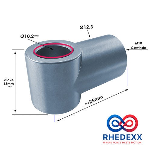RHEDEXX technisches Bauteil mit 10,2 Millimeter Durchmesser, 18 Millimeter Dicke, 25 Millimeter Länge und M10 Gewinde. RHEDEXX Logo.