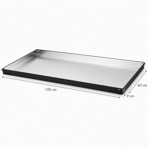 Rechteckige Metallschale als Einlegeboden oder Auffangwanne mit den Maßen 120 cm mal 60 cm mal 9 cm.